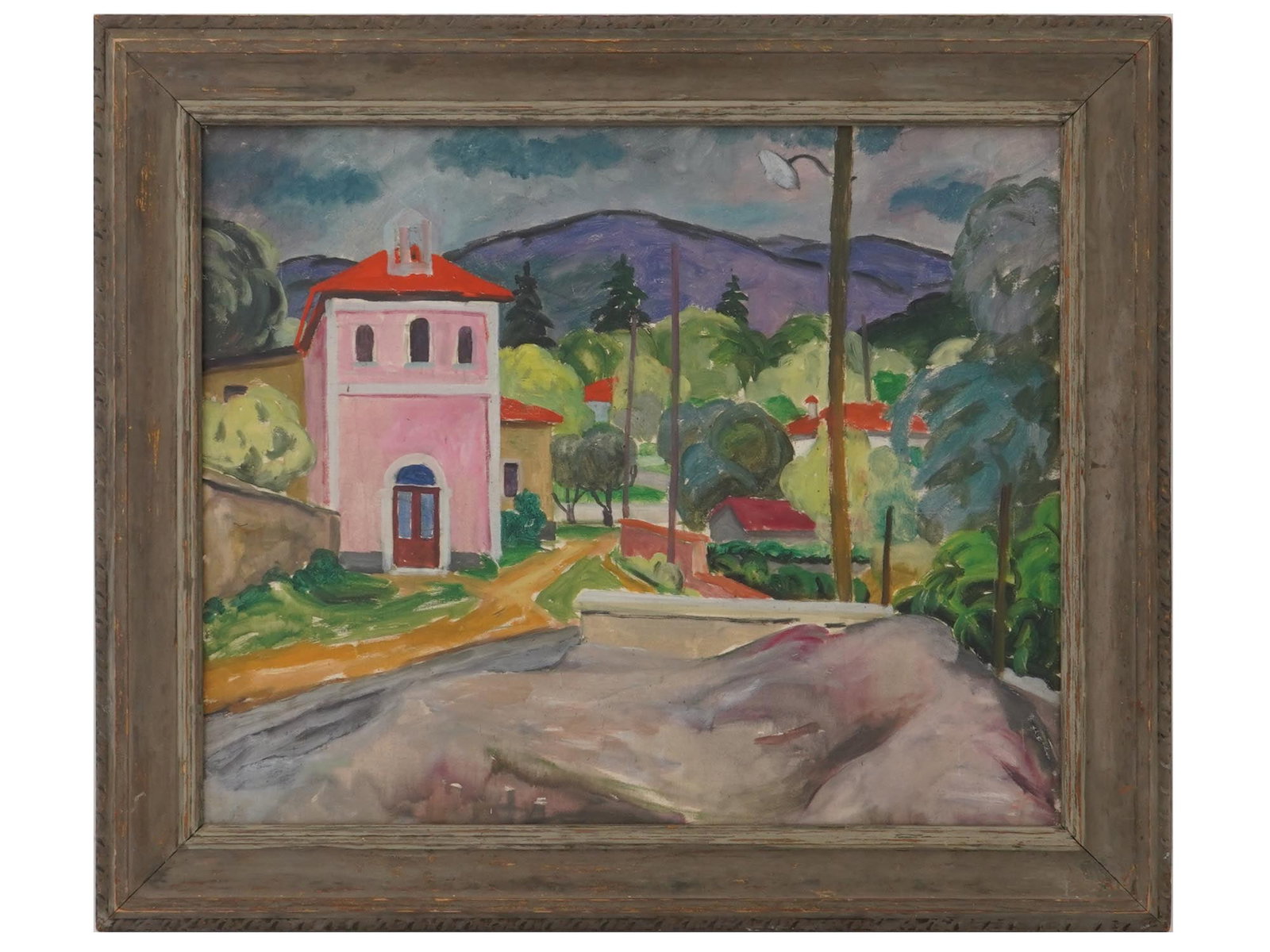 SALVATORE PINTO MANNER AMERICAN RURAL OIL PAINTING: An oil painting on canvas depicting a rural mountain landscape view. Inscribed, Salvatore Pinto, on the backside. Framed. Salvatore Pinto, 1905 to 1966, was an American painter. His work was part of t