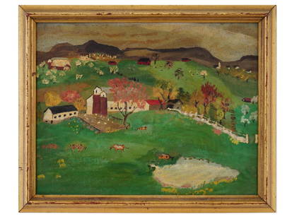 GRANDMA MOSES SCHOOL AMERICAN FOLK ART OIL PAINTING: Grandma Moses School, American, 1860 to 1961, oil painting on canvas depicting a rural landscape scene. Framed. Grandma Anna Robertson Moses, American, 1860 to 1961, is the pivotal figure of the 20th