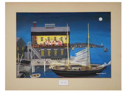 MAXWELL MAYS AMERICAN NAUTICAL MIXED MEDIA PAINTING: Mixed media artwork by Maxwell Mays, 1918 to 2009, an American painter known for his whimsical depictions of Rhode Island. Oil paint and color offset print on paper. The piece depicts a night pier wit