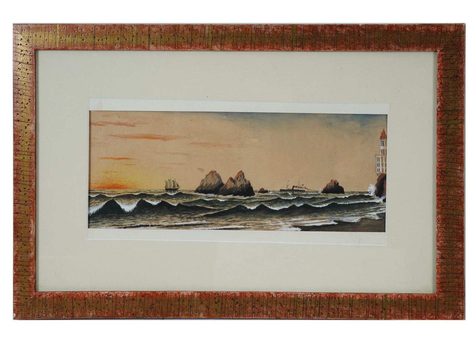 AMERICAN MARINE PAINTING SEAL ROCK HOUSE SAN FRANCISCO: An American watercolor marine painting on paper, depicting the historic Seal Rock House along the rugged coastline of San Francisco, California. The artwork captures the meeting of sea and land, with 