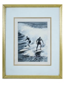 AMERICAN GOUACHE PAINTING HAWAIIAN SURFING