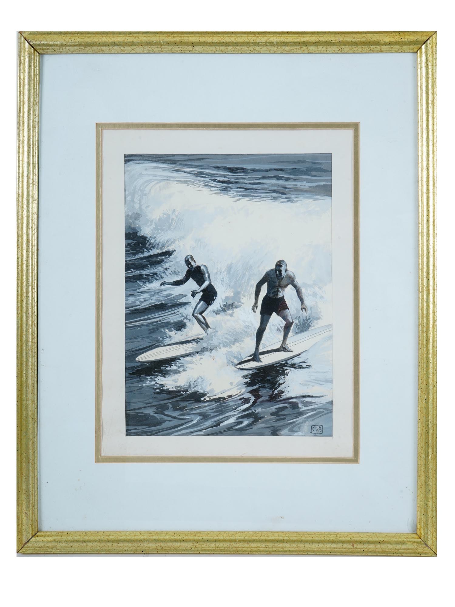 AMERICAN GOUACHE PAINTING HAWAIIAN SURFING: Gouache painting on paper executed in an illustrative style, depicting surfers riding waves. Signed with the artist's initials at the lower right, the work is titled Hawaiian Surfing on a label affixe
