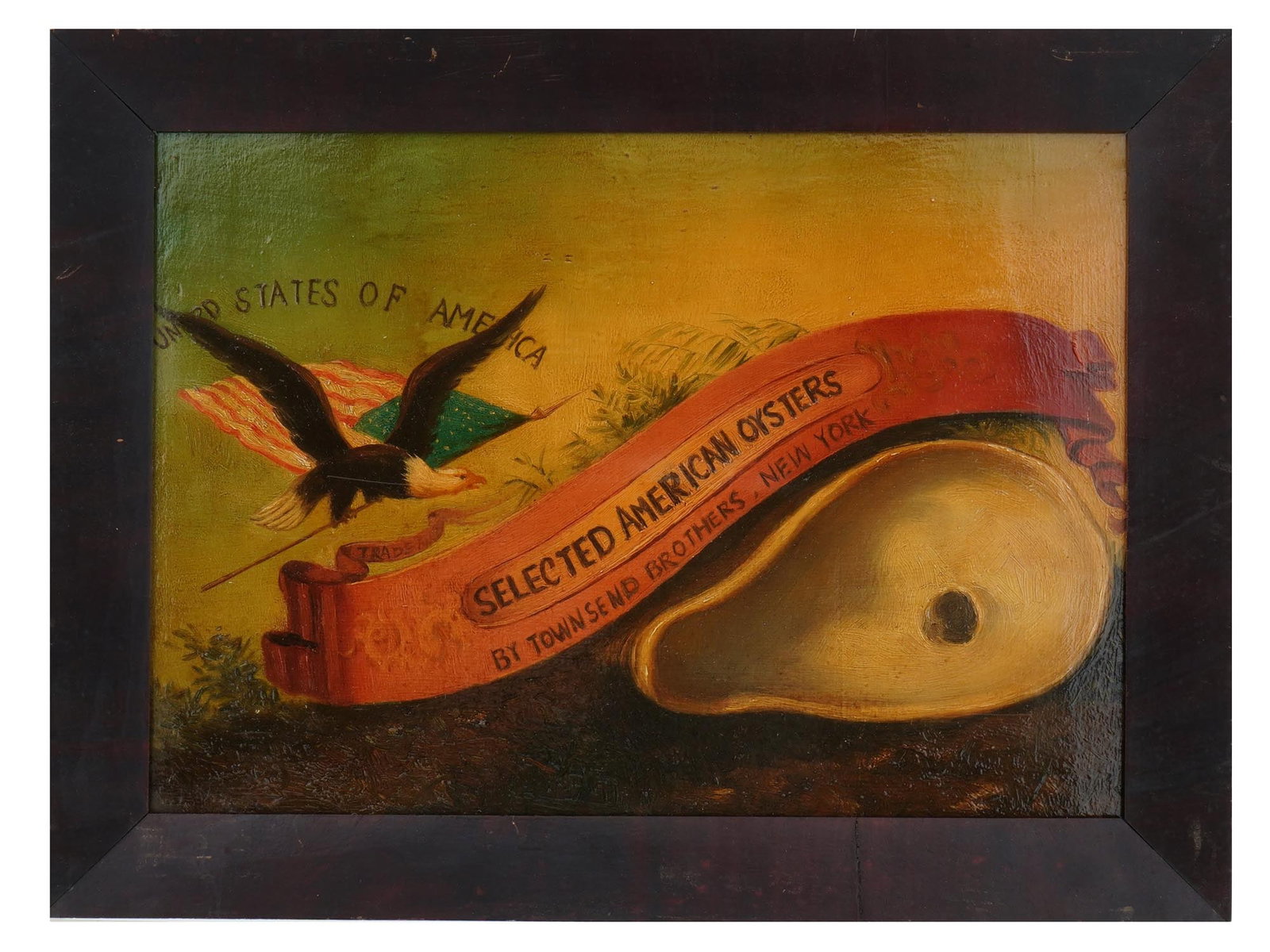 AMERICAN PAINTING SELECTED AMERICAN OYSTERS TOWNSEND: An oil painting on board, titled Selected American Oysters, featuring an homage to an advertisement label from Townsend Brothers, New York, circa 1860s. The painting depicts an oyster on the half shel
