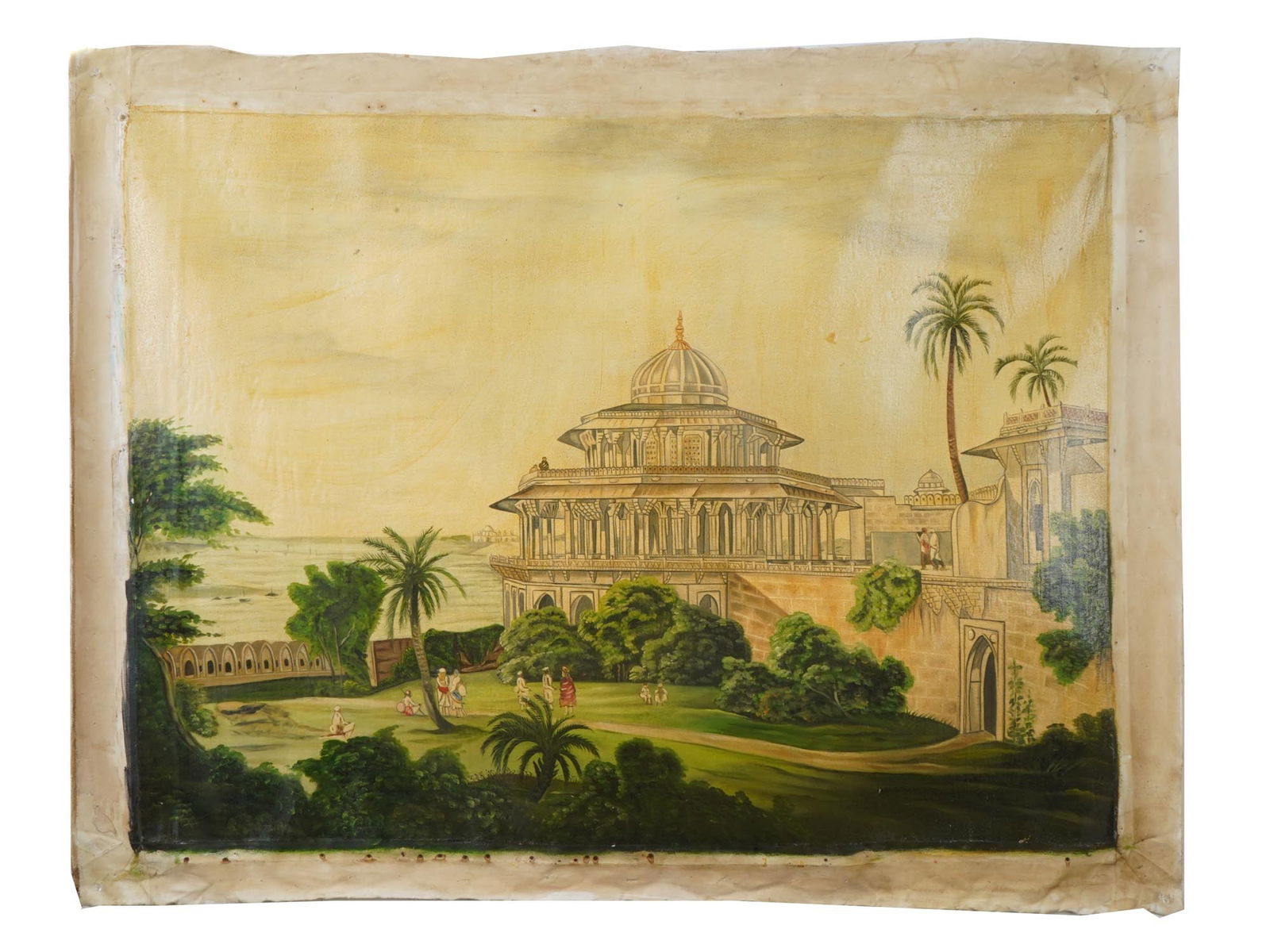 INDIAN COMPANY OIL PAINTING AFTER THOMAS DANIELL: An oil painting on canvas after Thomas Daniell, 1749 to 1840 and William Daniell, British, 1769 to 1837, The Chalees Satoon in the Fort of Allahabad on the River Jumna; and 4 further views by the Dani