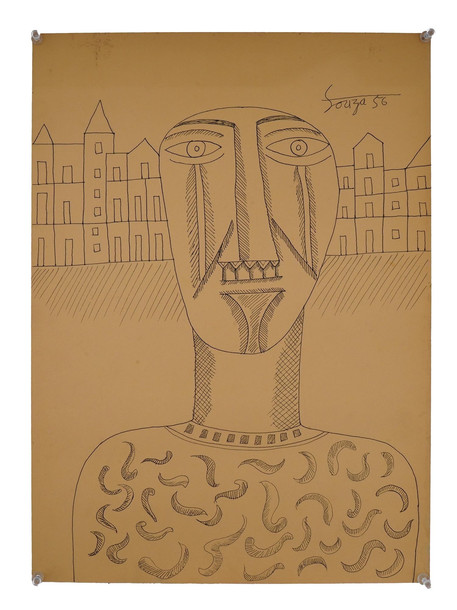 SIGNED F N SOUZA MID CENTURY PEN ON PAPER PAINTING 1956 (1 of 3)