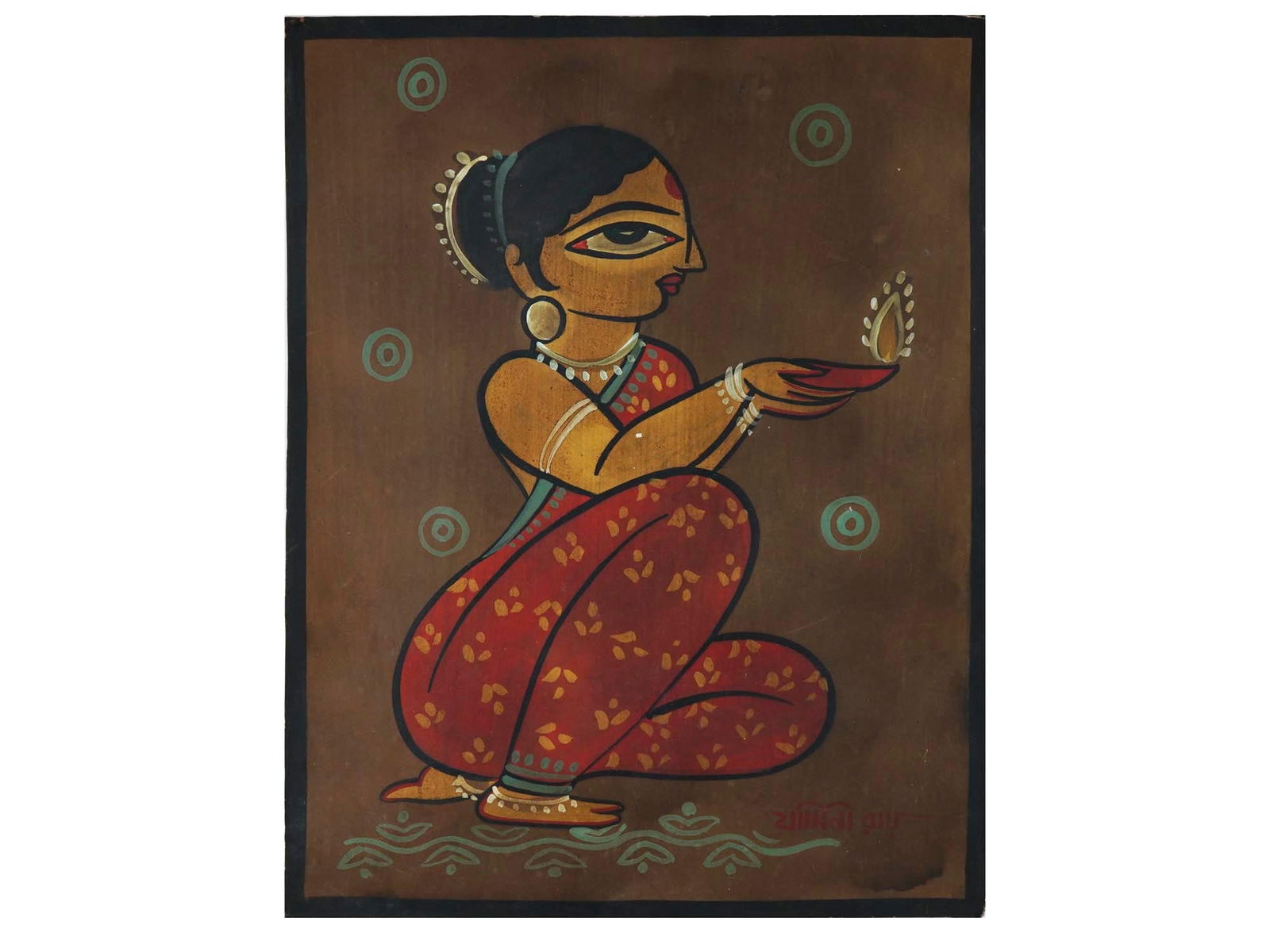 INDIAN PORTRAIT TEMPERA PAINTING AFTER JAMINI ROY (1 of 5)