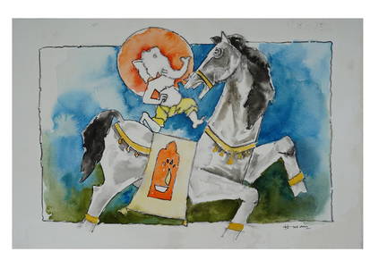 INDIAN WATERCOLOR PAINTING SIGNED MAQBOOL F HUSAIN: A watercolor painting on paper depicting a genre scene with Ganesha Deity and a horse. Signed, Husain, lower right. Maqbool Fida Husain, Indian, English, 1913 to 2011, was an Indian artist known for e