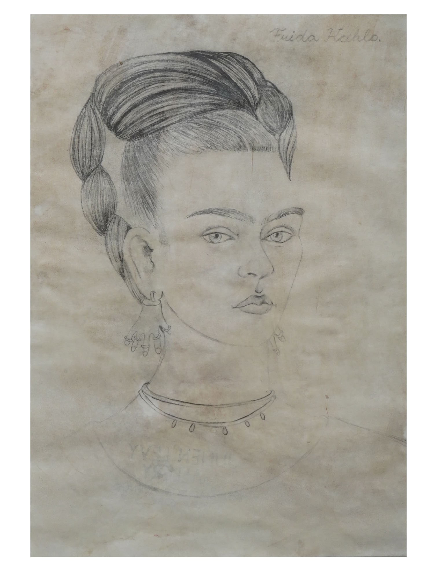 ATTR TO FRIDA KAHLO SELF PORTRAIT PENCIL PAINTING: Attributed to Frida Kahlo, American, Mexican, 1907 to 1954, pencil painting on paper, Self Portrait. Circa: 1935 to 1940. Signed upper right. Stamped with a gallery stamp, Julien Levy Gallery, New Yor