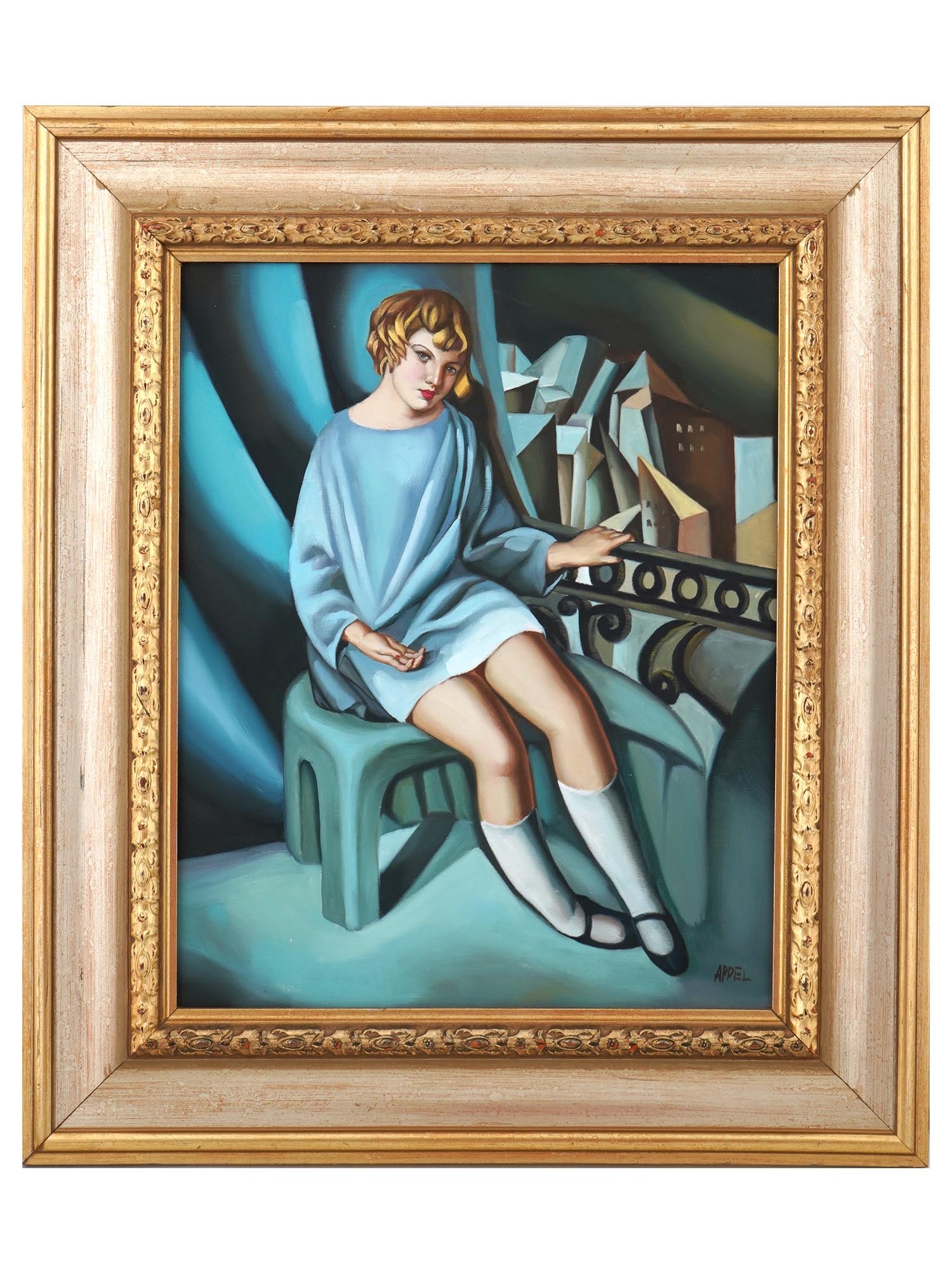 ART DECO OIL PAINTING AFTER TAMARA DE LEMPICKA: An Art Deco oil on canvas portrait painting after Tamara De Lempicka signed Appel. The original artwork titled Kizette On The Balcony and was created in 1927. The painting depicts a seated female, fac