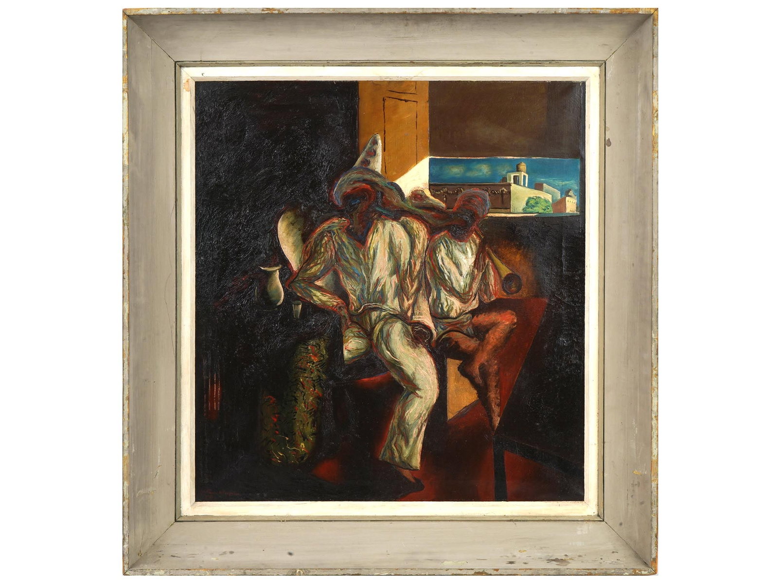 WILLIAM FERGUSON AMERICAN SURREAL OIL PAINTING 1931: William Hugh Ferguson, American, 1905 to 1985, an oil on canvas painting depicting two surrealist figures in an interior. Signed by the artist and dated 1931 on the lower left. Framed. Born and died i