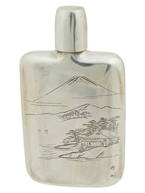 JAPANESE SILVER FLASK W ENGRAVED LANDSCAPE W SHOT GLASS