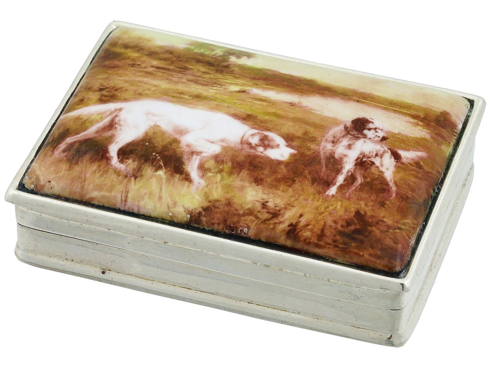 STERLING SILVER AND ENAMEL PILL BOX WITH DOG MOTIFS (1 of 12)