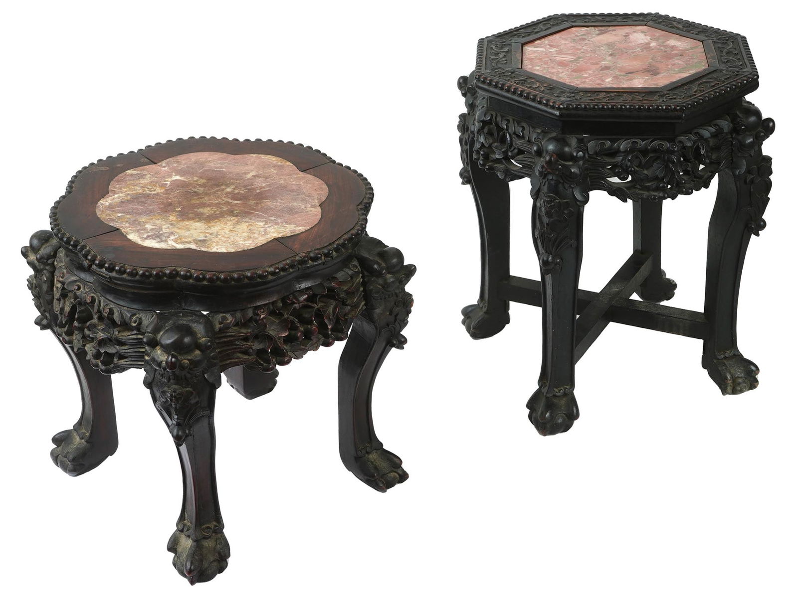 ANTIQUE CHINESE RED MARBLE MOHAGONY SIDE TABLES (1 of 9)