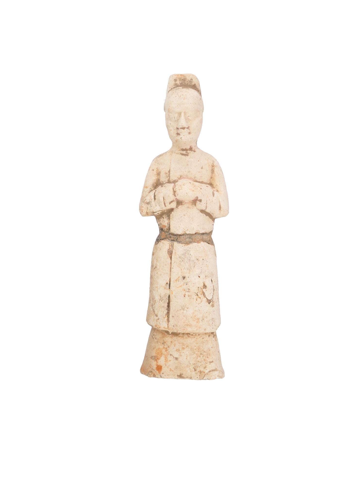 ANCIENT CHINESE HAN DYNASTY TERRACOTTA FIGURINE: An ancient Chinese Han Dynasty terracotta standing figurine, dating from 200 BC to 200 AD. The figurine in a standing pose, dressed in traditional Han attire. Ancient Chinese Figurines And Pottery Col