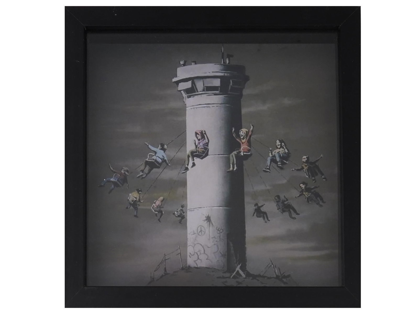 AFTER BANKSY PALESTINIAN CAROUSEL COLOR PRINT FRAMED: Color offset print on paper. After the 2017 artwork titled Watchtower Carousel by Banksy. The original graffiti was executed for The Walled Off Hotel in Bethlehem, West Bank, Palestine, as a critique 