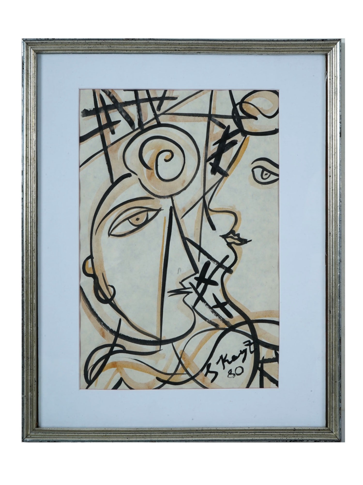 MODERNIST DOUBLE PORTRAIT MIXED MEDIA PAINTING (1 of 4)