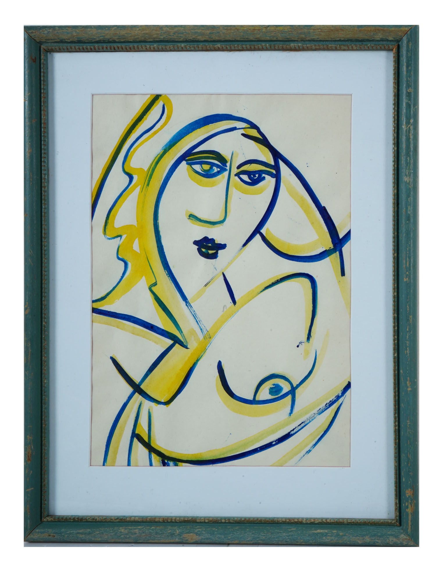 MODERNIST FEMALE PORTRAIT MIXED MEDIA PAINTING: A Modernist South Asian School mixed media painting on paper depicting a portrait of a woman. Framed. Modernist Fine Art, Female Portrait Paintings, and Collectibles. One of a kind artwork. Dimensions