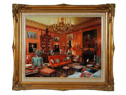 CHINESE INTERIOR DESIGN OIL PAINTING BY S H LEE: S. H. Lee, Chinese, born 1944, an oil painting on board depicting an interior view. Signed lower left. Framed. S. H. Lee studied at the Fine Arts Institute of China. Upon graduation he came to the Uni