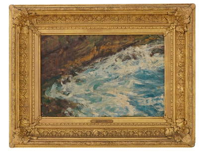 MAXIME MAUFRA FRENCH IMPRESSIONIST OIL PAINTING: Maxime Maufra, French, 1861 to 1918, an impressionist oil on board painting depicting a Coastal Landscape. Housed in an old richly ornate gilt wood frame with a metal name plate below. Maxime Maufra w