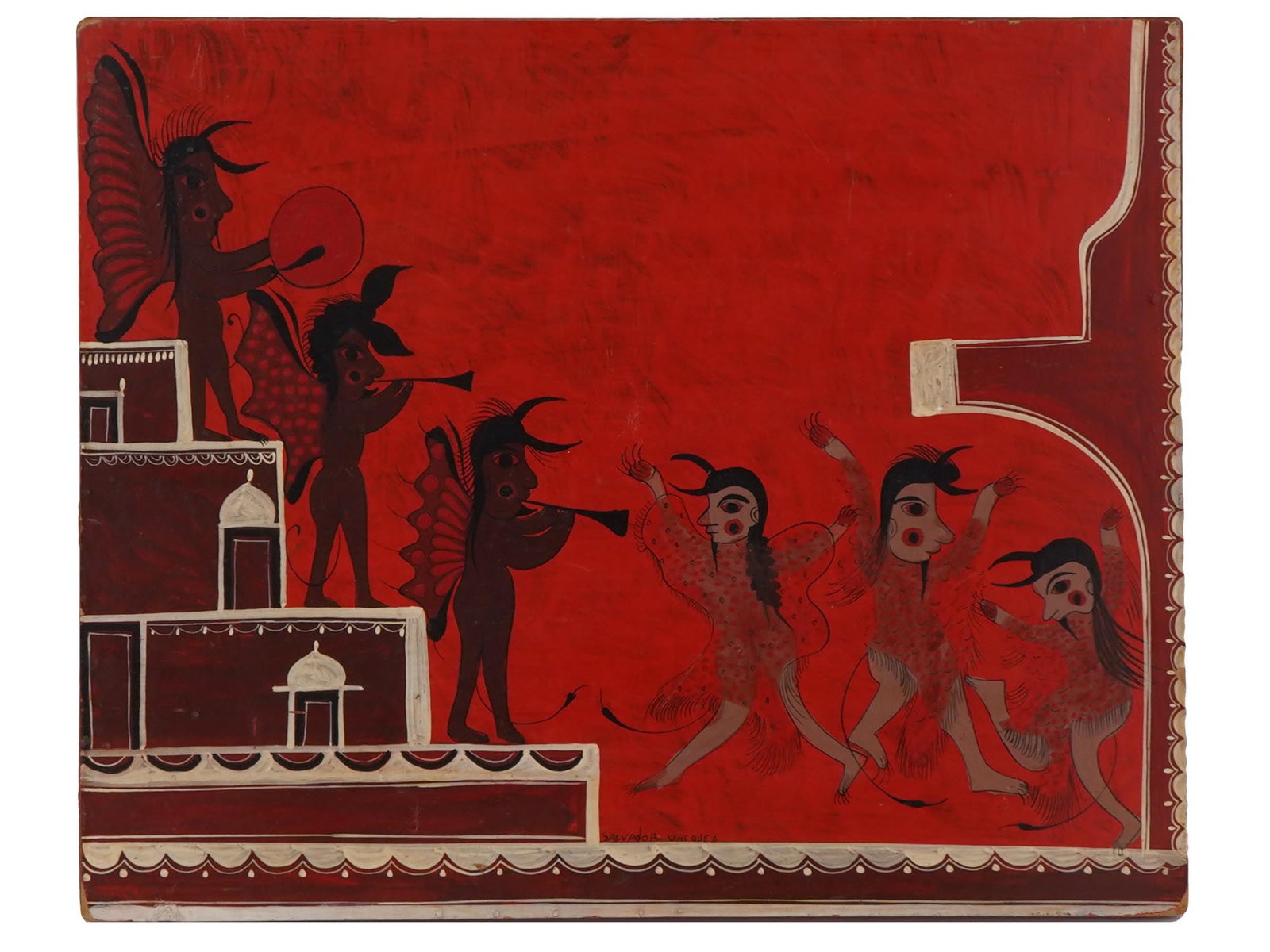 SALVADOR VASQUEZ PAINTING DANCE OF THE BUTTERFLY PEOPLE: Salvador Vasquez, Mexican, born 1933, an oil painting on board titled Dance of the Butterfly People. Signed lower left. Salvador Vasquez is a renowned Mexican artist and master ceramist. Known primari