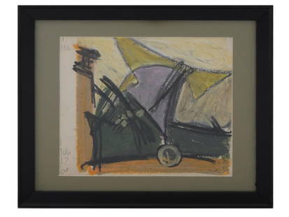 LEON WALL AMERICAN ABSTRACT MODERNIST PAINTING: Leon Wall, American, 1916 to 1980, a mixed media painting on paper, depicting an abstract composition. Signed lower right. Presented matted and framed. Wall, who moved to New York City in 1933, studie