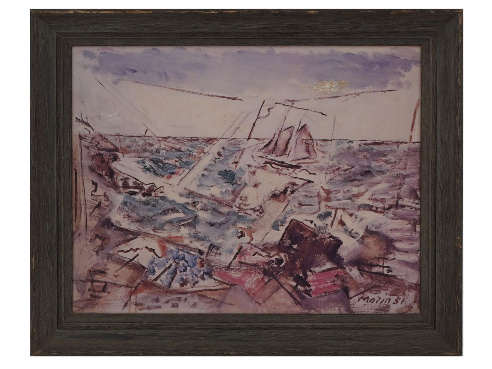 JOHN MARIN AMERICAN SEASCAPE PAINTING SEA PIECE 1951: John Marin, American, 1870 to 1953, an oil painting on canvas titled Sea Piece, 1951. Signed lower right and presented in a frame. This piece exemplifies Marins vigorous, abstract approach to the natu