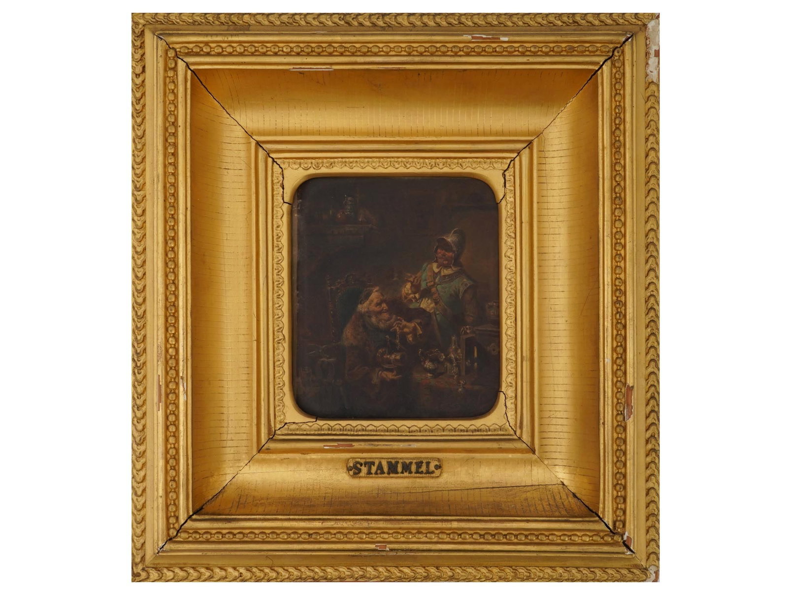 EBERHARD STAMMEL GERMAN GENRE OIL PAINTING: Oil on board painting by Eberhard Stammel, 1833 to 1906, a German artist based in Dusseldorf, student of Carl Ferdinand Sohn. The artwork depicts a Landsknecht at the pawnbrokers. Signed and dated 188