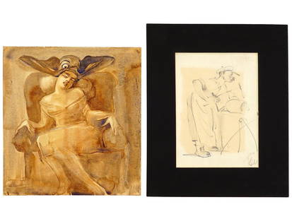 1920S RUSSIAN GRAPHIC ARTWORKS ON PAPER SIGNED: A pair of 1920s Russian artworks on paper. First. Watercolor painting depicting a creature ripping the head of a woman in an armchair. Titled Migraine on the backside. Dated 1921 in the lower right. S