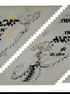 AMERICAN CAT IN THE HAT INK PAINTING ATTR DR SEUSS: Attributed to Theodor Seuss Geisel, Dr. Seuss, American, 1904 to 1991, ink painting on paper and collage depicting an illustration, cover for the book The Cat in the Hat. Attached to the illustration