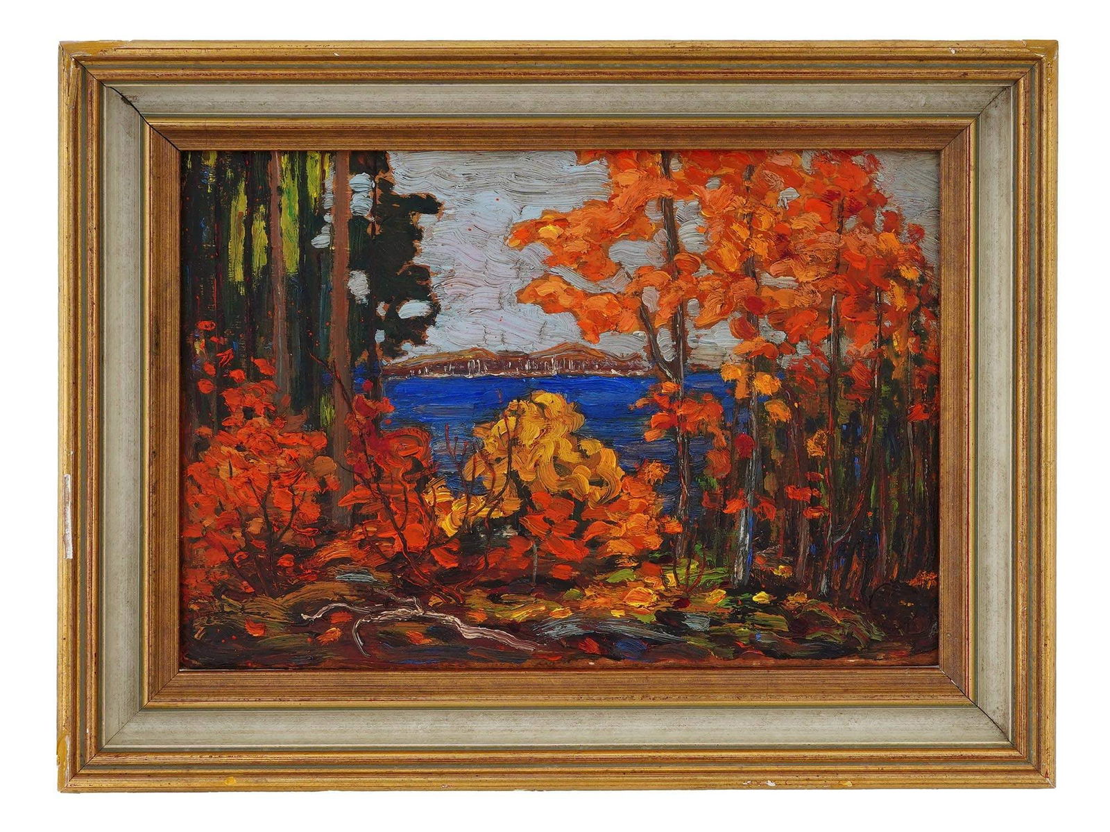 CANADIAN LANDSCAPE PAINTING SIGNED THOMAS THOMSON: Signed Thomas John Thomson, Canadian, 1877 to 1917, an oil painting on wood board depicting a landscape. Titled Algonquin Park and dated 1913 on the label mounted on verso. Framed. During his short ca