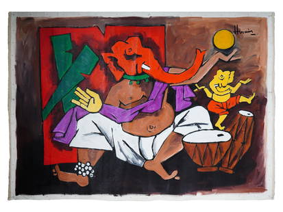 MID CENTURY INDIAN PAINTING SIGNED HUSAIN WITH COA: A mid-century Indian acrylic painting on canvas depicting a religious Buddhist scene. Singed super left Husain. Completed with a certificate of authenticity. Maqbool Fida Husain, Indian, 1915 to 2011,