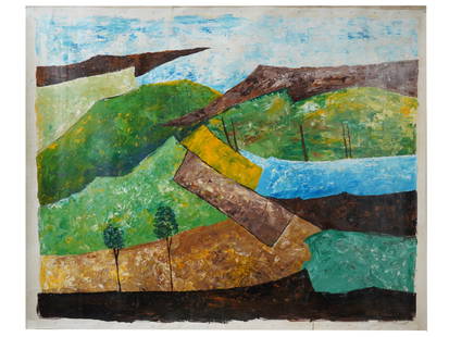 INDIAN LANDSCAPE OIL PAINTING SIGNED RAM KUMAR W COA: An oil painting on canvas depicting an Abstract Expressionist landscape, 1985. Signed, Ram Kumar, on the backside. Completed with a certificate of authenticity, signed. Born in 1924 in Simla, Ram Kuma