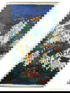 INDIAN CITY OIL PAINTING SIGNED SAYED HAIDER RAZA: An oil painting on canvas depicting an abstract expressionist townscape, 1984. Signed, Raza, and dated 84, lower right. Syed Raza is known for Abstract, highly colored painting, landscape, circle shap