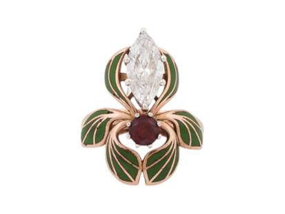 RUSSIAN 56 GOLD AND ENAMEL RING W DIAMOND AND RUBY: An impressive Russian rose gold ring featuring an elegant floral design with slightly bent leaves covered with green enamel, sweet with a 1.72 Carat VVS 2 F color marquise diamond and a round cut ruby
