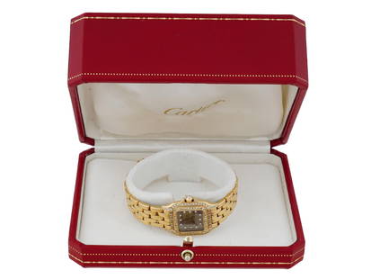 PANTHERE DE CARTIER 18K GOLD DIAMOND WRISTWATCH IOB: A vintage 18K yellow gold womens wristwatch by Cartier. Panthere de Cartier collection. Square case, the bezel and lugs are embellished with diamonds. Single crown. Grey guilloche dial with diamond in