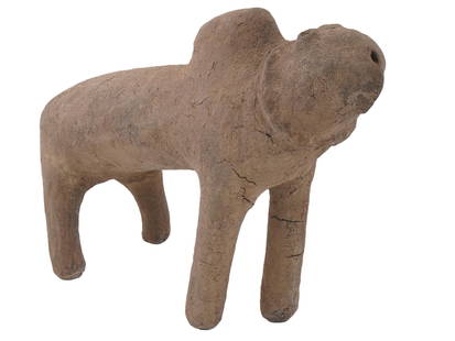 WEST AFRICAN BOLI FETISH HANDCRAFTED CERAMIC FIGURE: A West African Boli Nyama fetish handcrafted ceramic figure from the Bamana People in Mali, West Africa. The figure depicts a standing bull. It was used by initiates of the Komo Society, some of whom