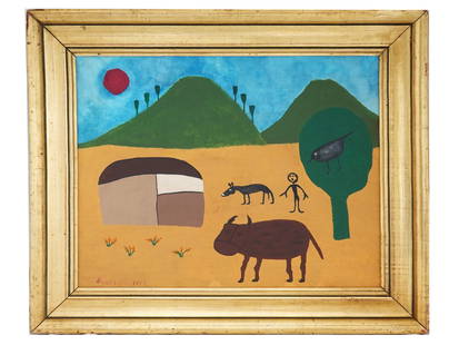 SOUTH KOREAN RURAL OIL PAINTING SIGNED UCCHIN CHANG: An oil painting on canvas depicting a Folk Art rural scene with animals in the Fauvist manner. Signed lower left. Framed. UcChin Chang, South Korean, 1918 to 1990, was one of the most representative m