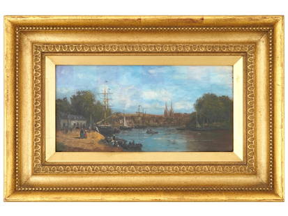FRENCH IMPRESSIONIST OIL PAINTING BY GERARD ROUX: Gerard Roux, French, born 1946, an oil on board painting depicting a Harbour Scene. Signed by the artist lower right. Housed in an ornate gilt wood frame. Bears a Guarisco gallery paper label on the b