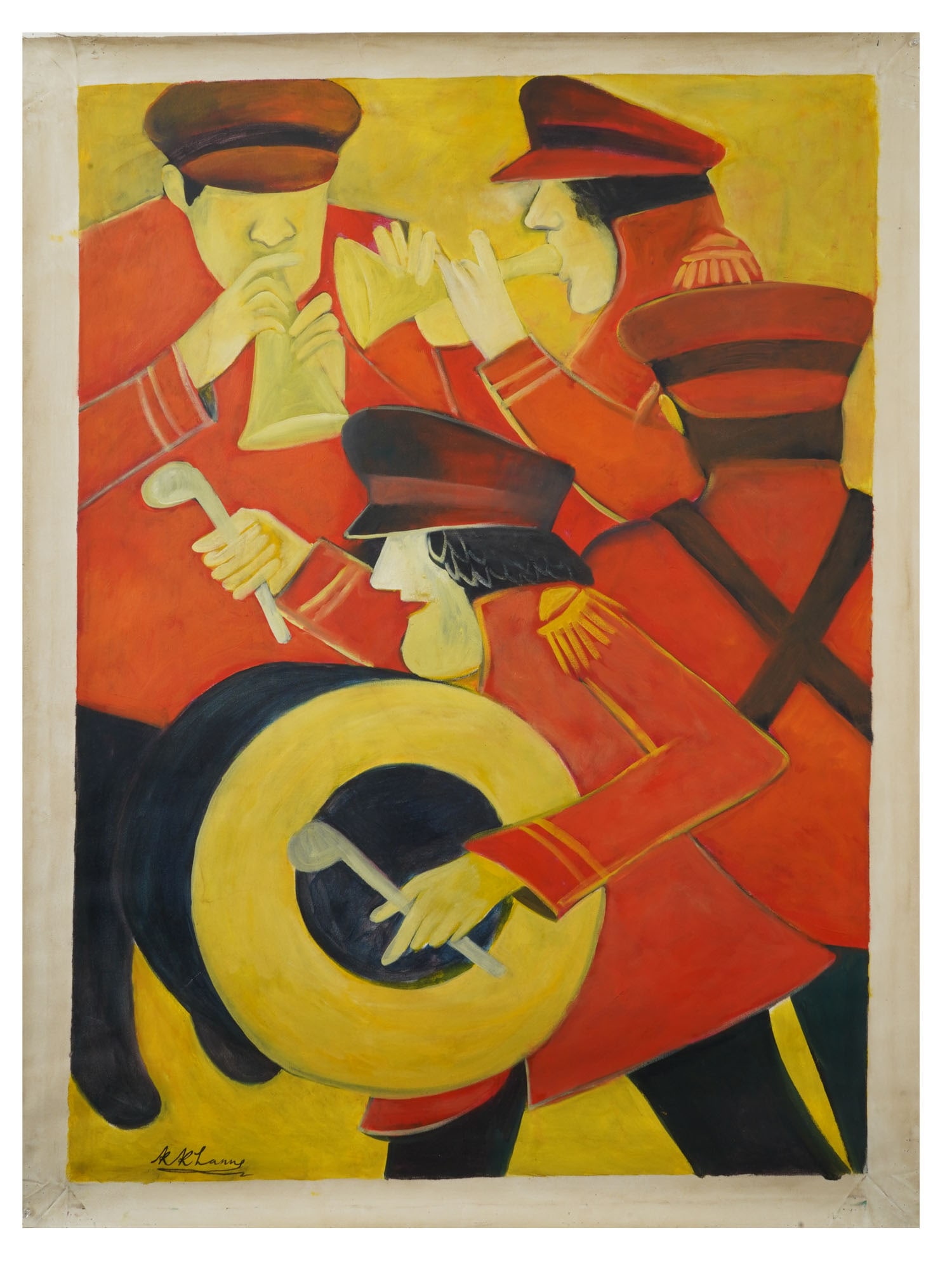 ATTR TO KRISHEN KHANNA INDIAN OIL PAINTING MUSICIANS: Oil on canvas painting. Attributed to Krishen Khanna, born 1925, an Indian self-taught painter, member of the Progressive Artists Group. His abstracted figurative artworks showcase Indian idioms and h