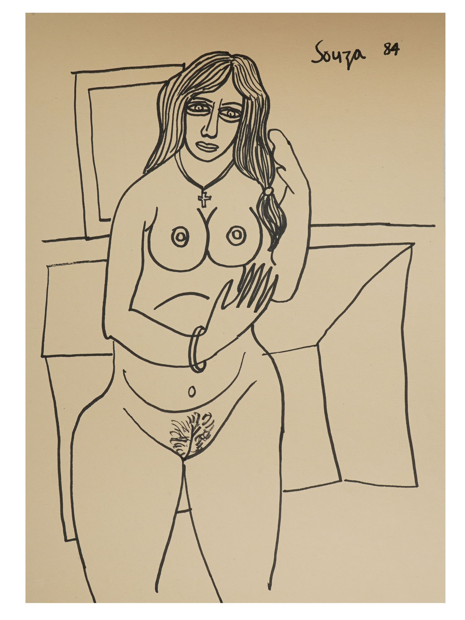 ATTR TO FN SOUZA INDIAN FEMALE NUDE PAINTING: Felt-tip pen on paper sketch. Attributed to Francis Newton Souza, also known as F.N. Souza, 1924 to 2002, a pioneer of Indian Modern art, founding member of the Bombay Progressive Artists Group. The a