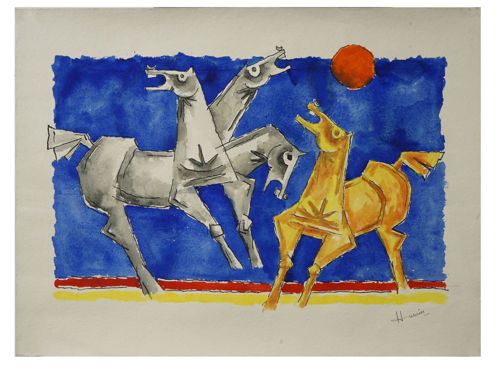 ATTR TO MF HUSAIN INDIAN MIXED MEDIA PAINTING HORSES (1 of 4)