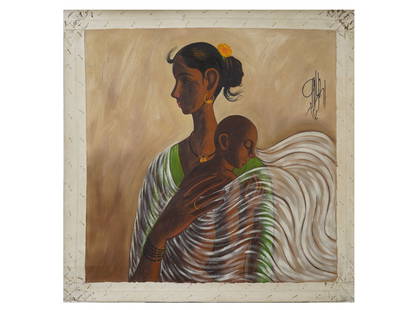 ATTR TO B. PRABHA INDIAN PORTRAIT PAINTING WITH COA: Oil on canvas painting. Attributed to B. Prabha, 1933 to 2001, a reknowned Indian painter best known for her graceful, elongated figures of pensive rural women. The artwork depicts a young woman with