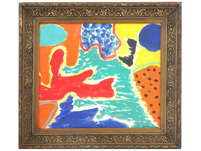 BRITISH ABSTRACT OIL PAINTING SIGNED PATRICK HERON: Oil on board painting. Attributed to Patrick Heron, 1920 to 1999, a British Modernist artist and critic based in Cornwall. His style was largely influenced by Henri Matisse and Paul Cezanne, resulting