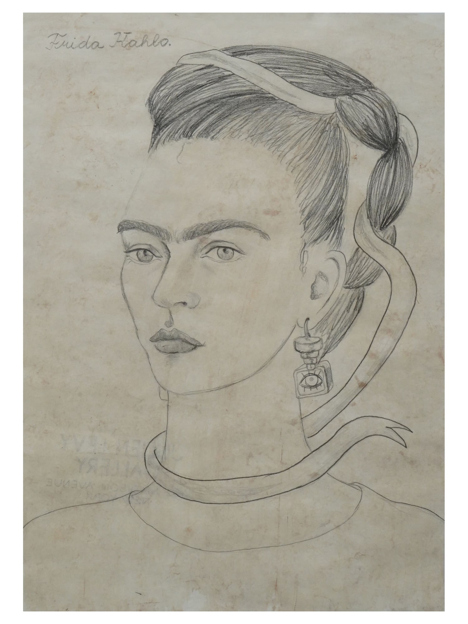 ATTR TO FRIDA KAHLO SELF PORTRAIT PENCIL PAINTING: Attributed to Frida Kahlo, American, Mexican, 1907 to 1954, pencil painting on paper, Self Portrait. Circa: 1935 to 1940. Signed upper left. Stamped with a gallery stamp, Julien Levy Gallery, New York