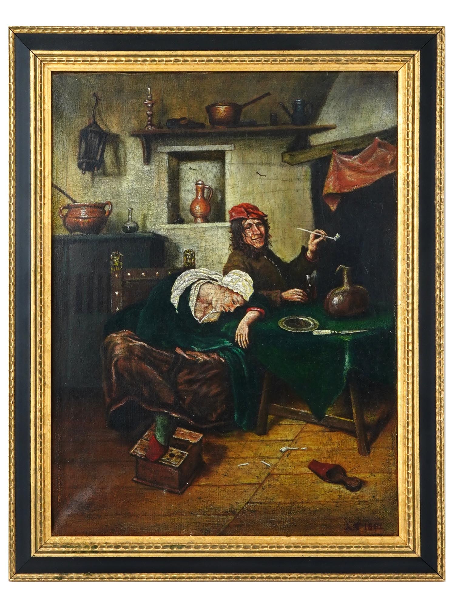 ANTIQUE EUROPEAN OIL PAINTING AFTER JAN STEEN 1881: A late 19th century European school oil on canvas painting after the original baroque genre painting The Idlers created c. 1660 by Jan Steen, Dutch, c.1626 to 1679. Signed with initials and dated 1881