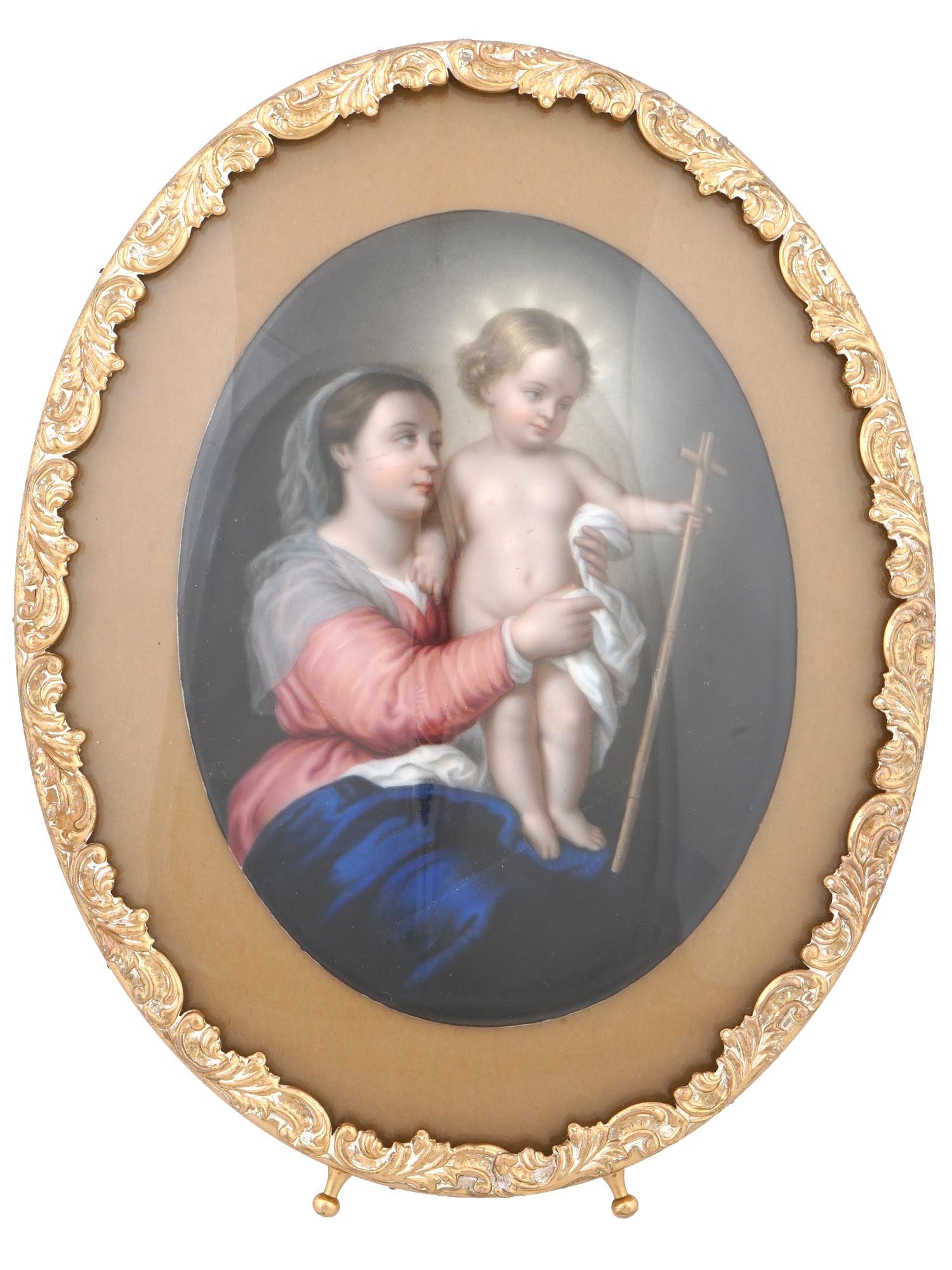 ANTIQUE HAND PAINTED PORCELAIN PLAQUE AFTER MURILLO: An antique 19th century painting on porcelain plaque. After the ca. 1670 artwork titled The Holy Family with John the Baptist and St. Elizabeth by Bartolome Esteban Murillo, 1617 to 1682, a Spanish ar