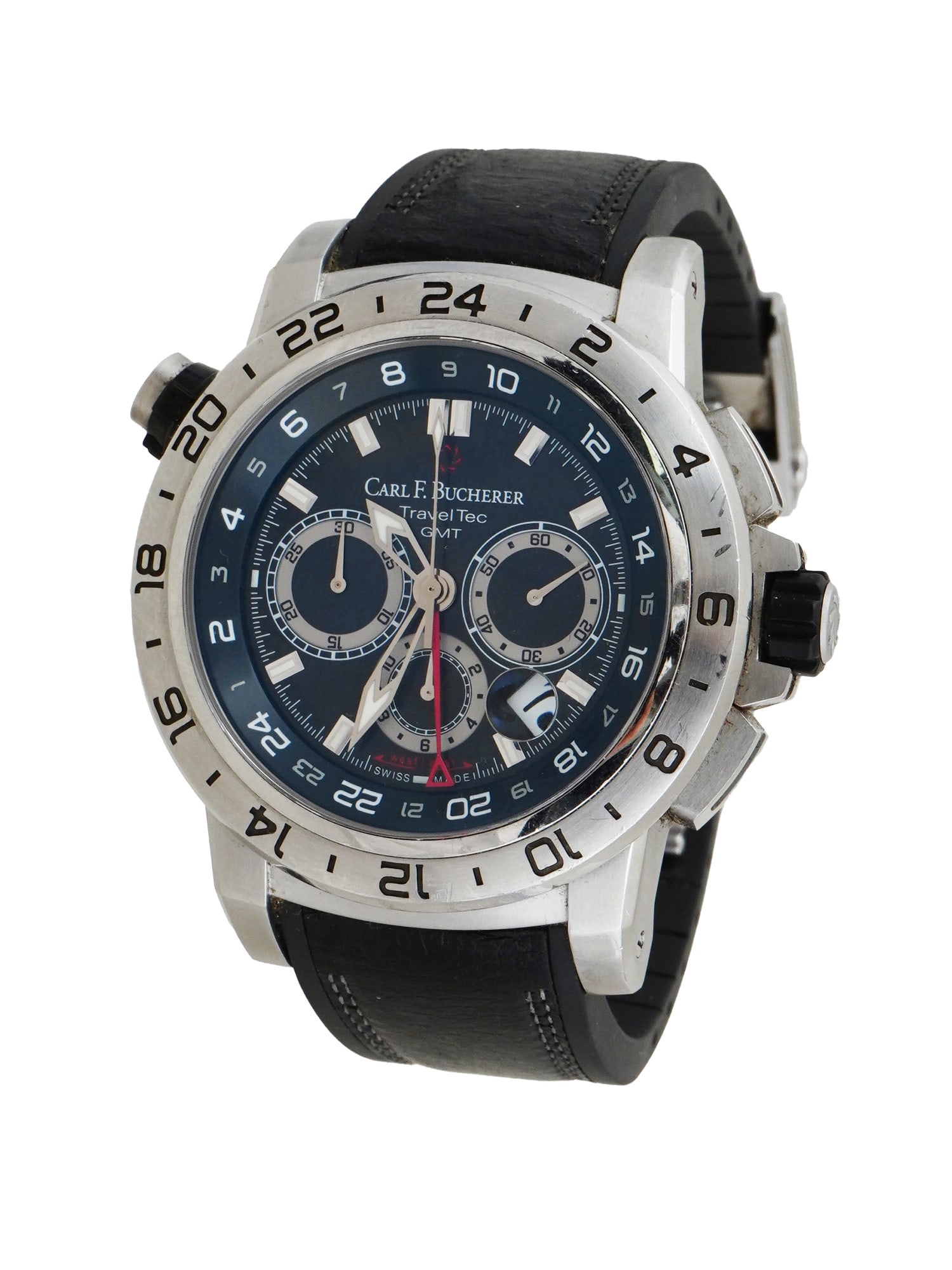 CARL F BUCHERER PATRAVI TRAVELTEC MEN WRIST WATCH: A Carl F. Bucherer Patravi TravelTec Chronograph mens wrist watch. Swiss made. The watch features a striking blue dial with luminous hour markers and hands. The iconic 24 hour scale surrounding the di