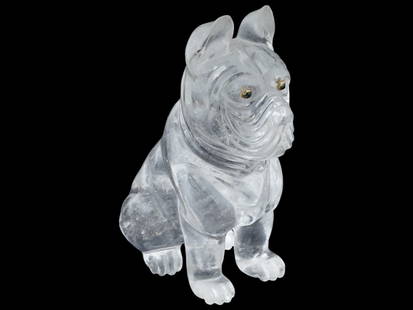 RUSSIAN ROCK CRYSTAL DOG FIGURINE W GOLD EMERALD EYES: A Russian carved rock crystal figurine representing a dog. The eyes are encrusted with emerald gemstones in gold settings. Collectible Russian Jewelry And Decor, Carved Animal Figurines For Collectors