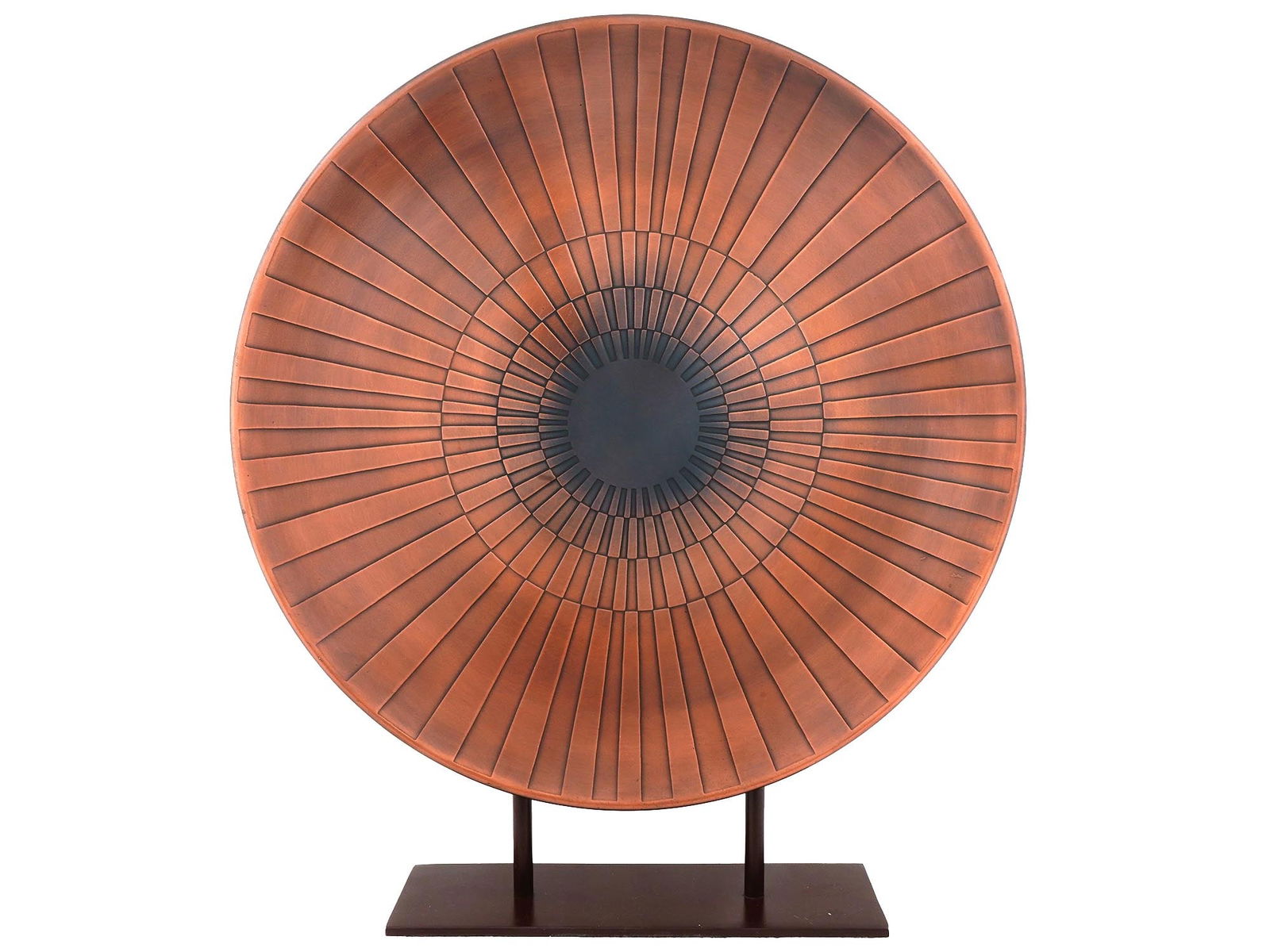 LARGE NAUTICAL MANNER ROUND COPPER TRAY W STAND: A large Nautical manner round shaped copper tray. The tray is decorated with a ribbed design. Inscribed, Nor For Food Use, on the backside. Mounted on a stand. Contemporary Marine Style Decor, Interio