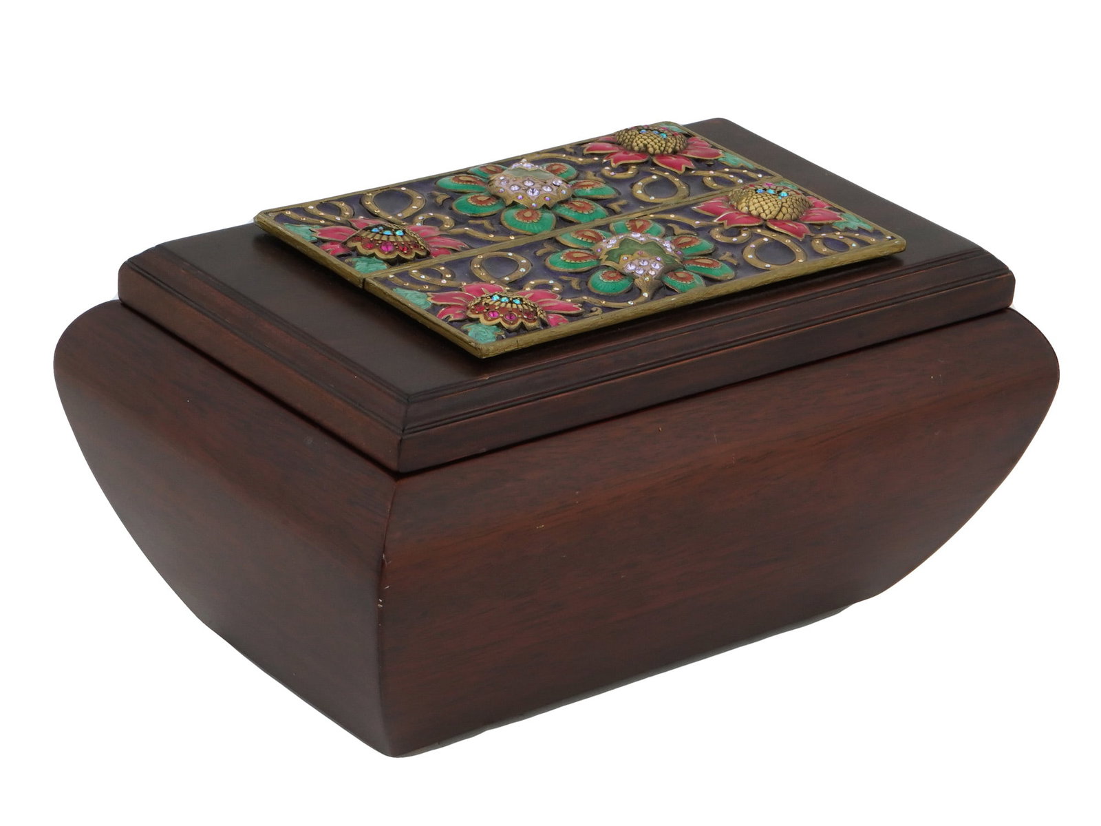 JAY STRONGWATER WOODEN FLORAL TRINKET BOX: A vintage wooden trinket box by Jay Strongwater, an American costume jewelry and decor brand established in the 1980s. The lid is garnished with enamel and polychrome Swarovski crystals, floral design
